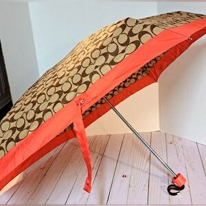 Coach Signature Khaki with Orange Trim Mini Umbrella